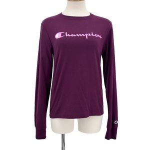 Champion NWOT Purple Long Sleeve Crew Neck Pink Logo T-Shirt, XS